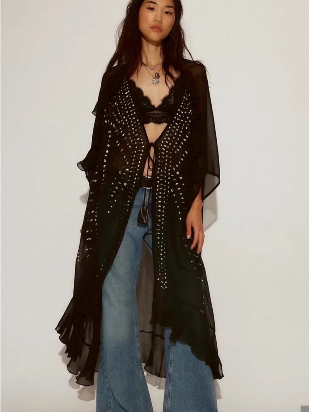 Free People So Billie Black Studded Sheer Duster kimono cover up| NWOT O/S